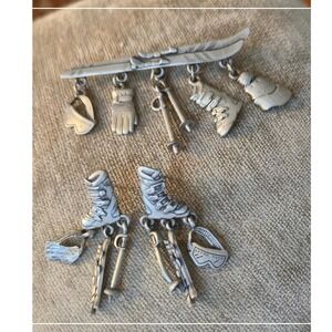 JJ Pewter Skiing Charm Brooch w/ Matching Earrings Vintage